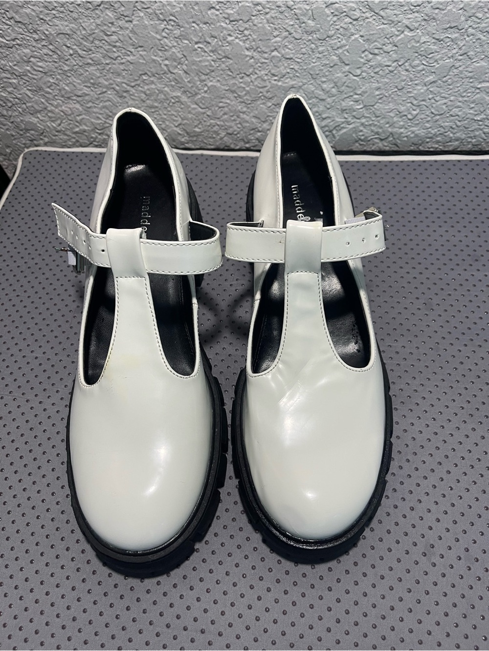 Madden Girl White T-Strap Mary Jane Flats with Black Soles